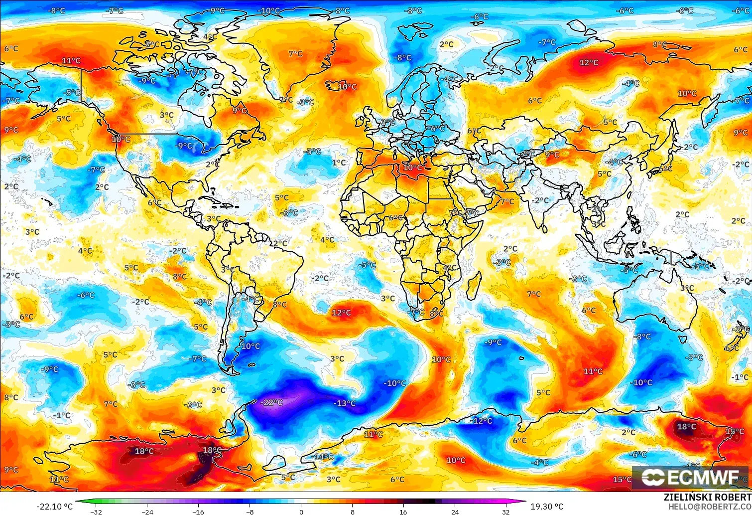 ECMWF IFS 0.25° modelo - Mundo, Anomalía de temperatura a 850 hPa