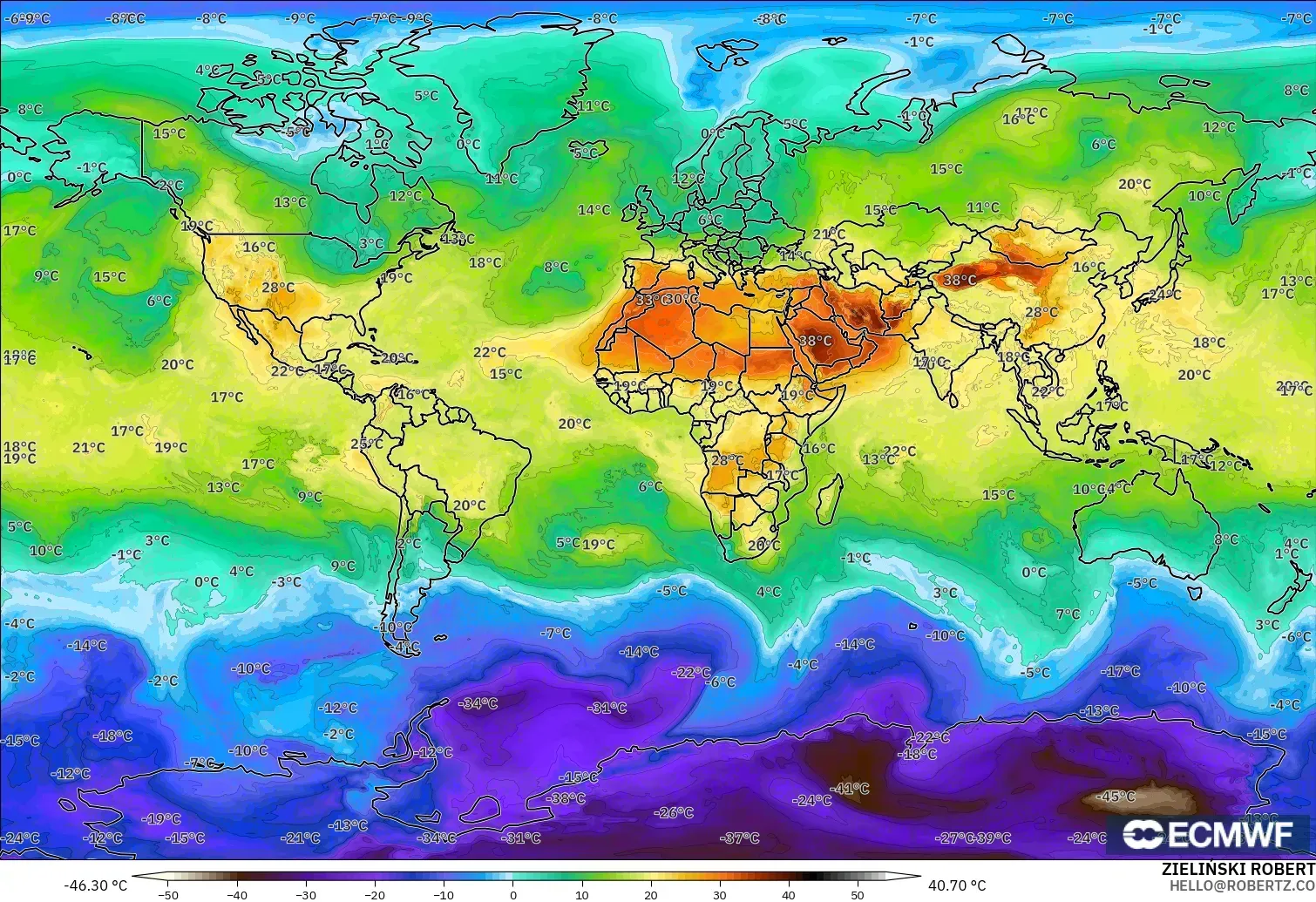 ECMWF IFS 0.25° modelo - Mundo, Temperatura a 850 hPa