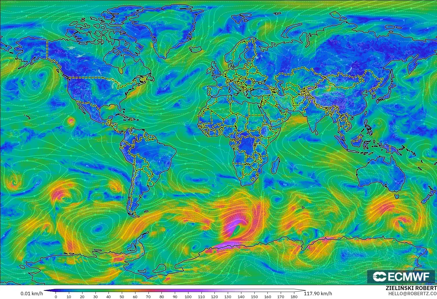 ECMWF IFS 0.25° modelo - Mundo, Viento a 10 m