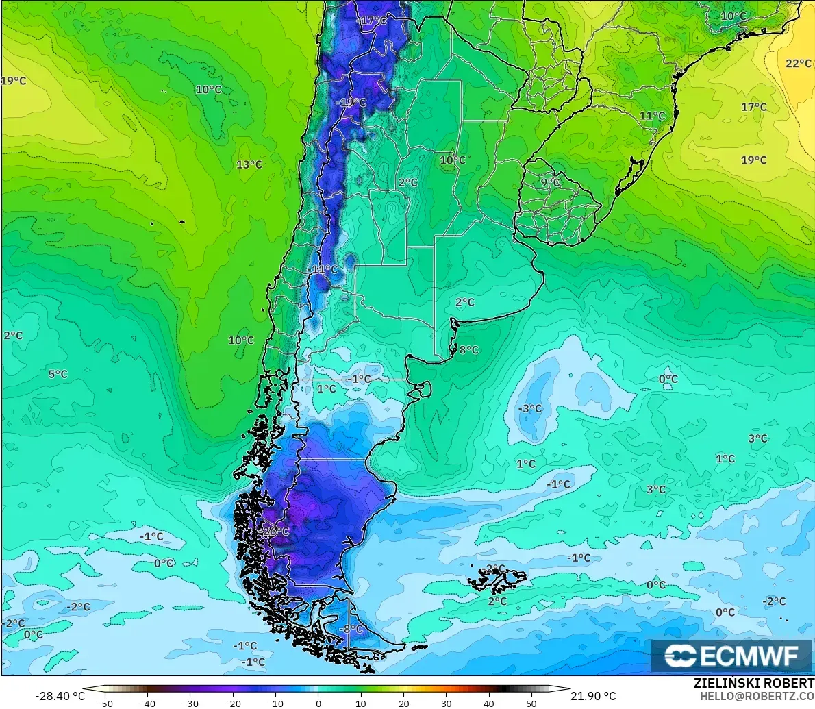 ECMWF IFS 0.25° modelo - Argentina, Punto de rocío a 2 m
