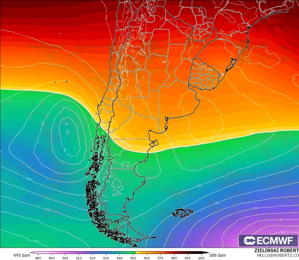 ECMWF IFS 0.25° modelo - Argentina, Altura geopotencial a 500 hPa