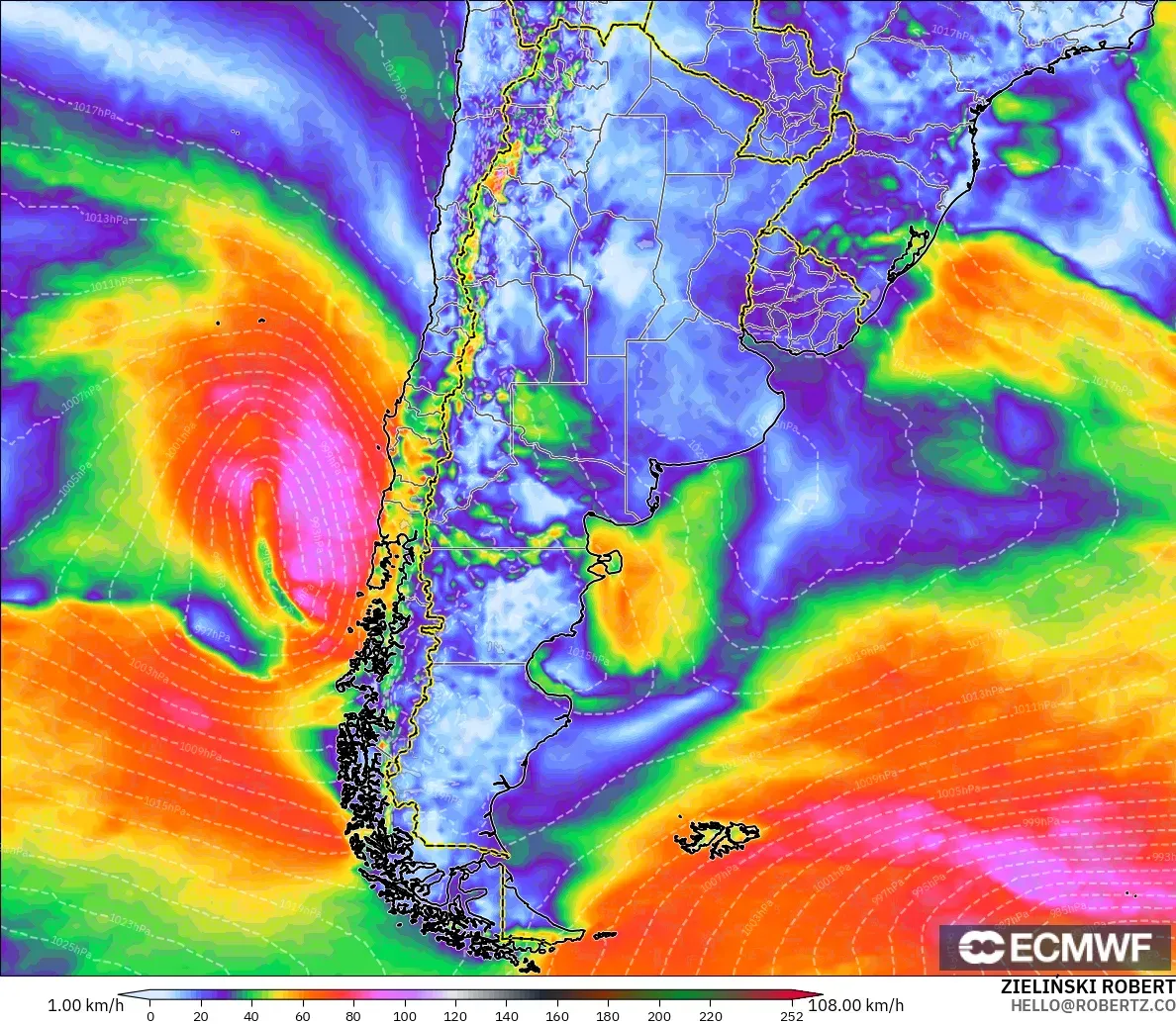 ECMWF IFS 0.25° modelo - Argentina, Ráfagas de Viento Máximas