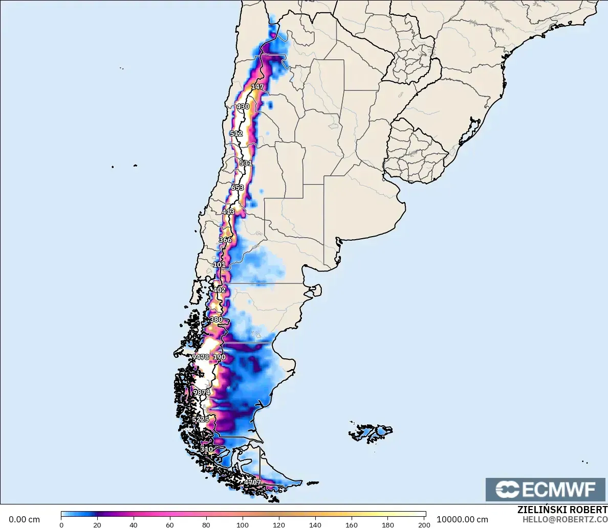 ECMWF IFS 0.25° modelo - Argentina, Profundidad de nieve