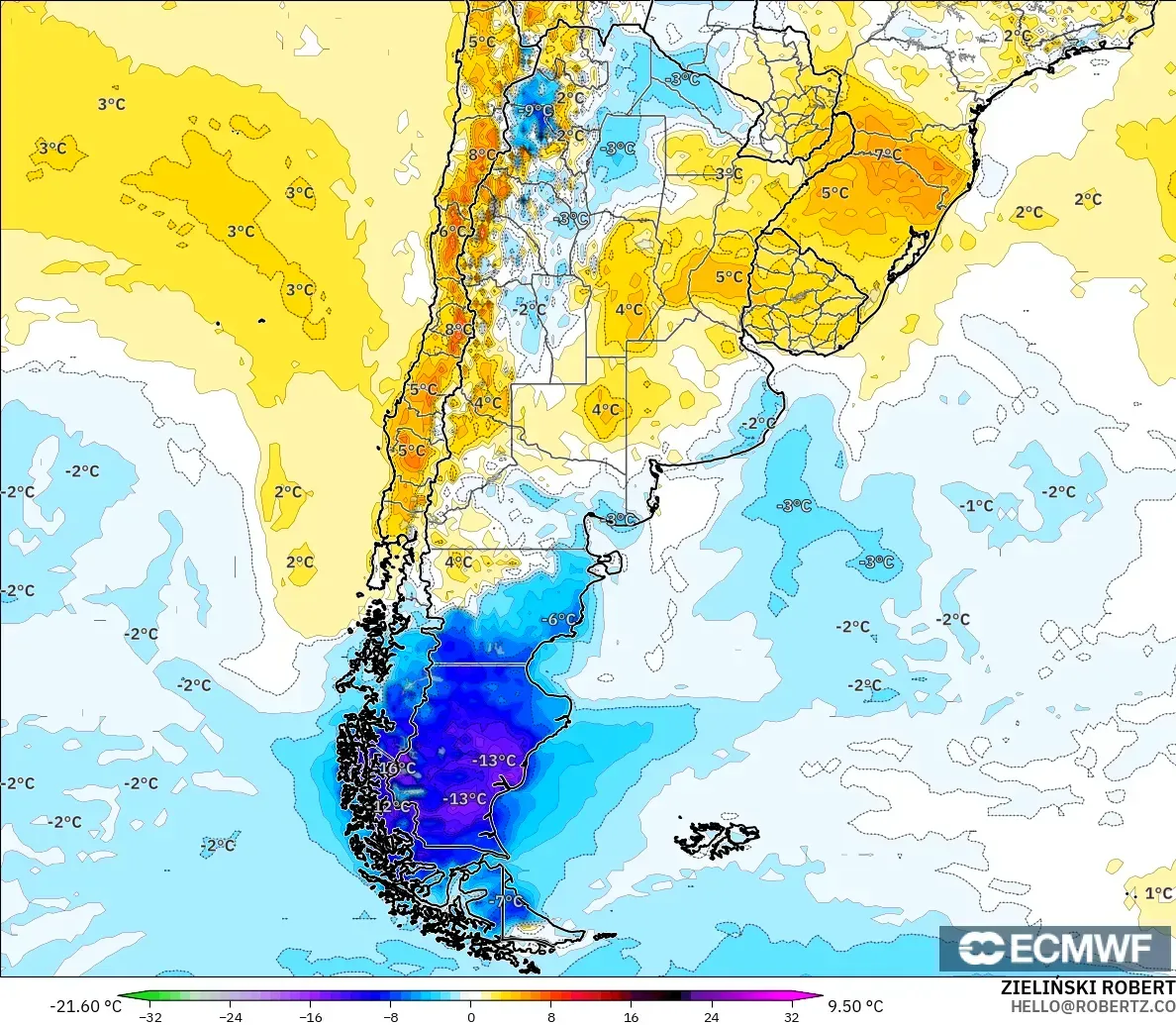 ECMWF IFS 0.25° modelo - Argentina, Anomalía de temperatura a 2 m