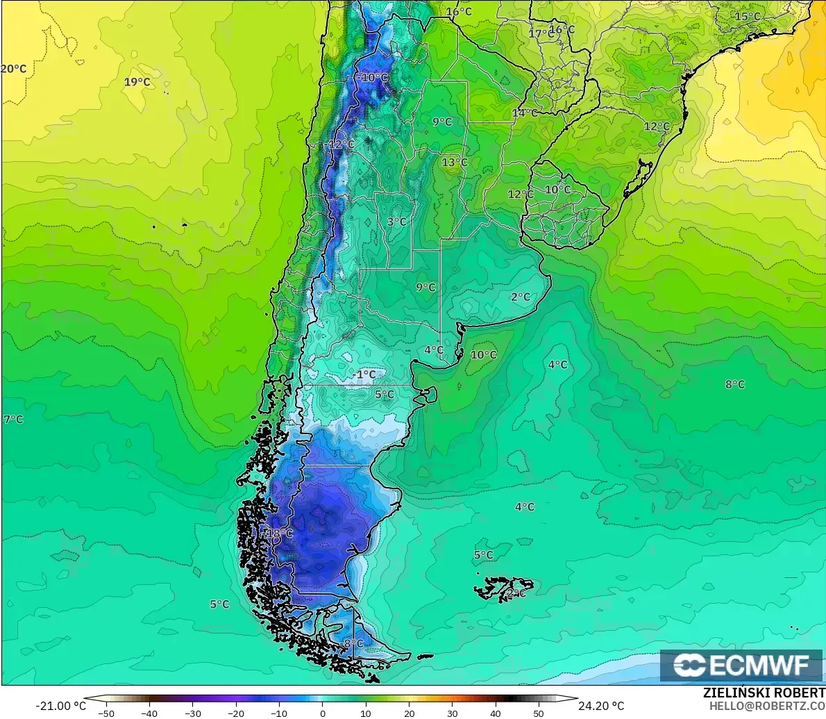 ECMWF IFS 0.25° modelo - Argentina, Temperatura a 2 m