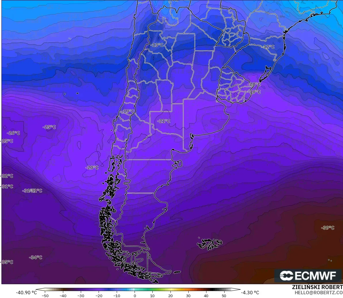ECMWF IFS 0.25° modelo - Argentina, Temperatura a 500 hPa