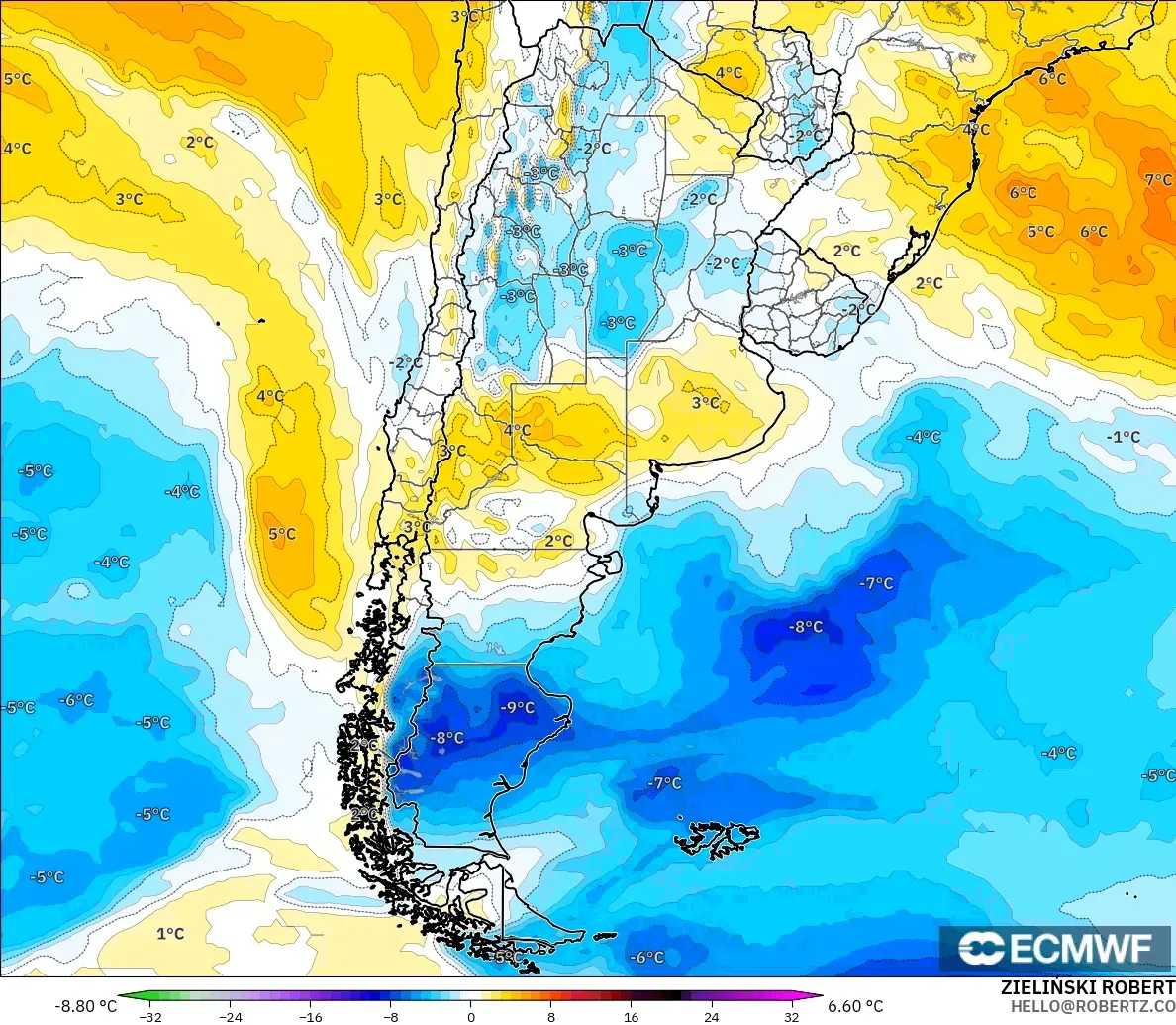 ECMWF IFS 0.25° modelo - Argentina, Anomalía de temperatura a 850 hPa