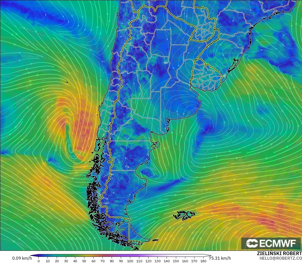 ECMWF IFS 0.25° modelo - Argentina, Viento a 10 m