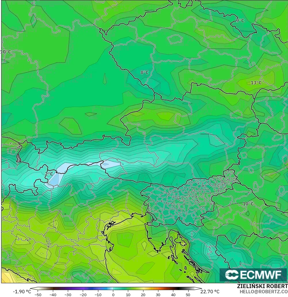 ECMWF IFS 0.25° modelo - Austria, Punto de rocío a 2 m