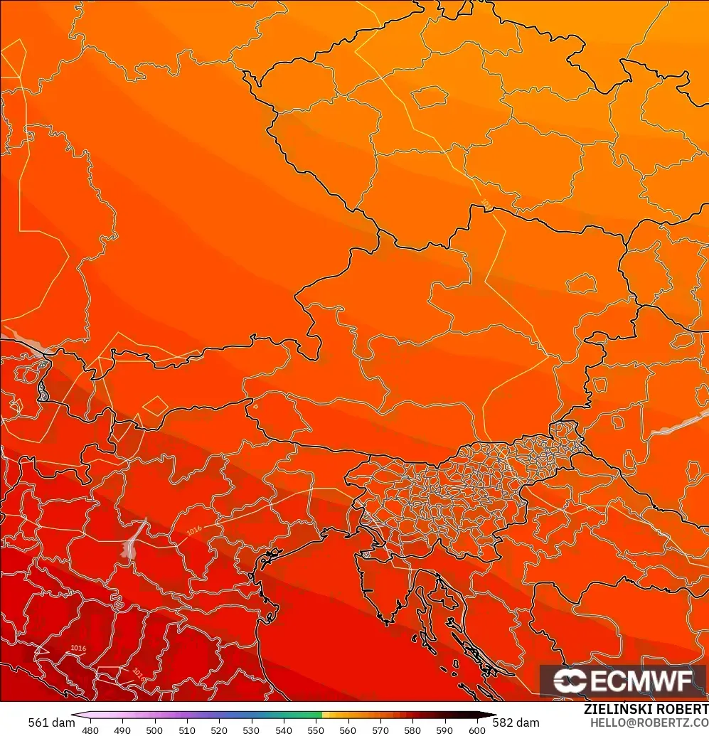 ECMWF IFS 0.25° modelo - Austria, Altura geopotencial a 500 hPa