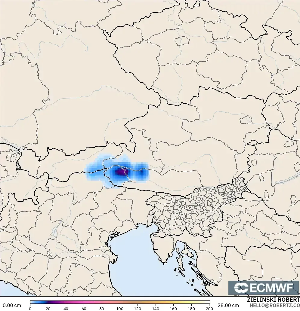 ECMWF IFS 0.25° modelo - Austria, Profundidad de nieve