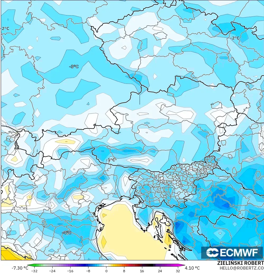 ECMWF IFS 0.25° modelo - Austria, Anomalía de temperatura a 2 m