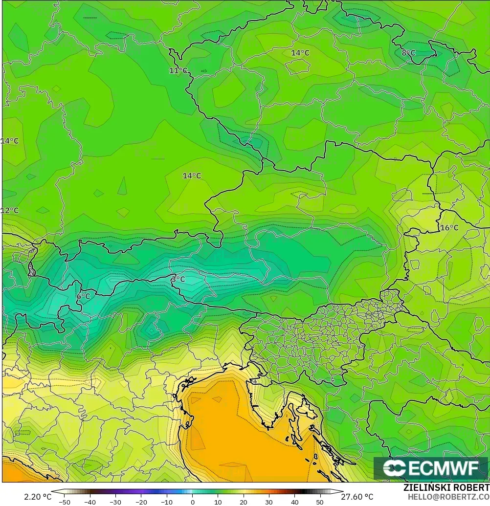 ECMWF IFS 0.25° modelo - Austria, Temperatura a 2 m