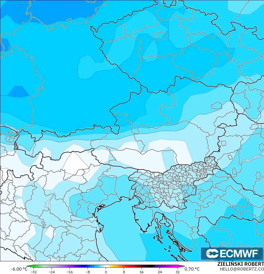 ECMWF IFS 0.25° modelo - Austria, Anomalía de temperatura a 850 hPa