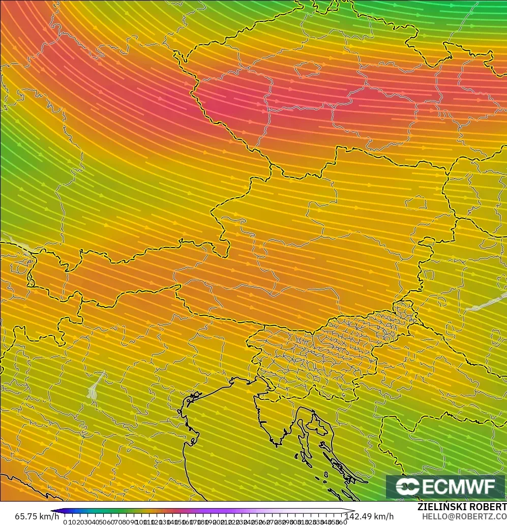 ECMWF IFS 0.25° modelo - Austria, Viento a 300 hPa (corriente en chorro)
