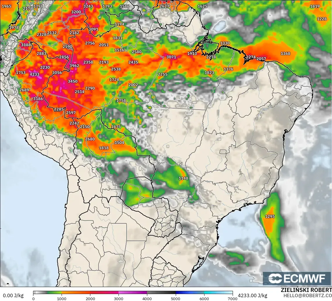 ECMWF IFS 0.25° modelo - Brasil, CAPE