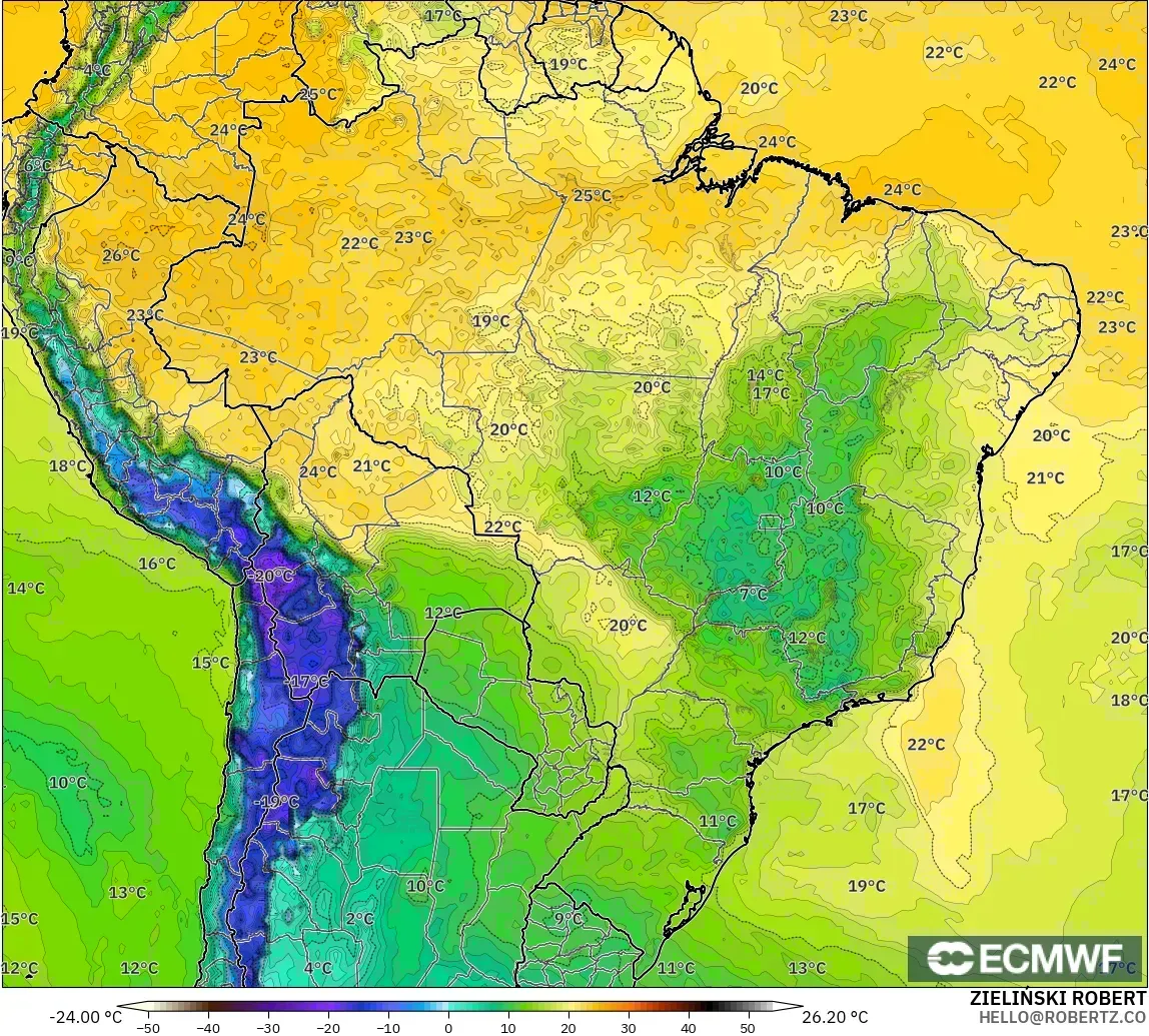 ECMWF IFS 0.25° modelo - Brasil, Punto de rocío a 2 m