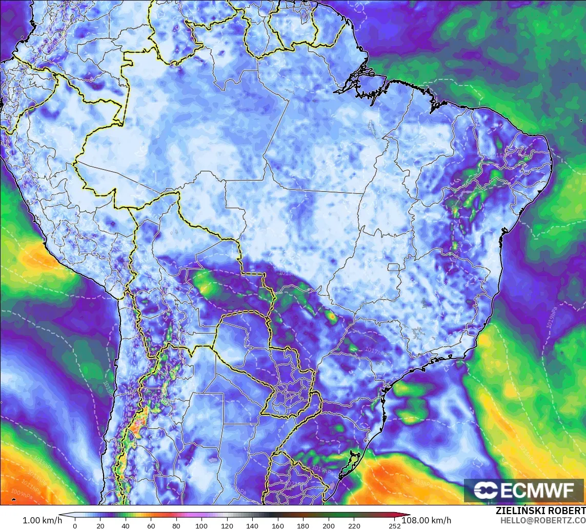 ECMWF IFS 0.25° modelo - Brasil, Ráfagas de Viento Máximas