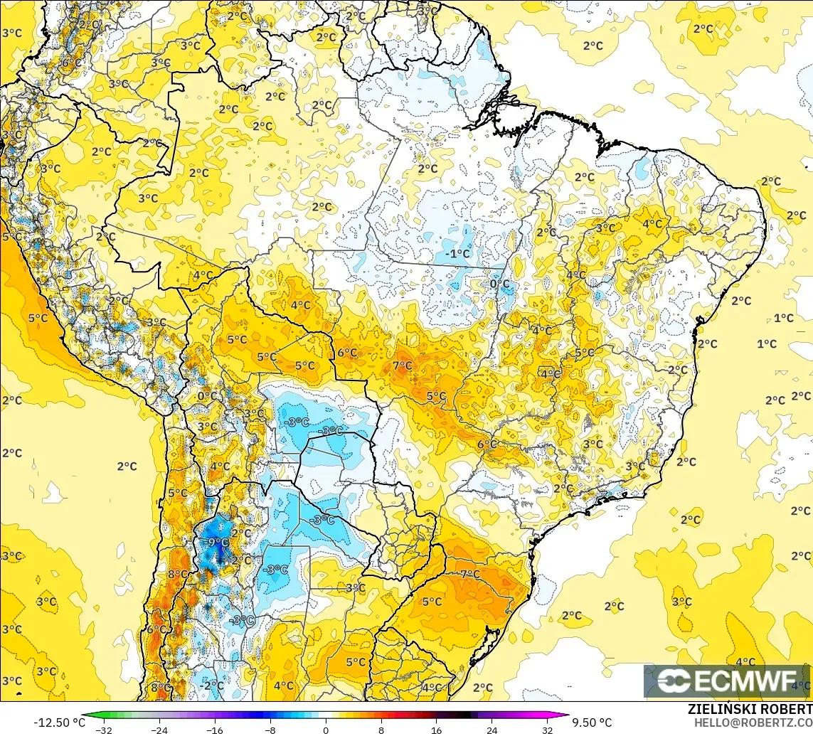 ECMWF IFS 0.25° modelo - Brasil, Anomalía de temperatura a 2 m