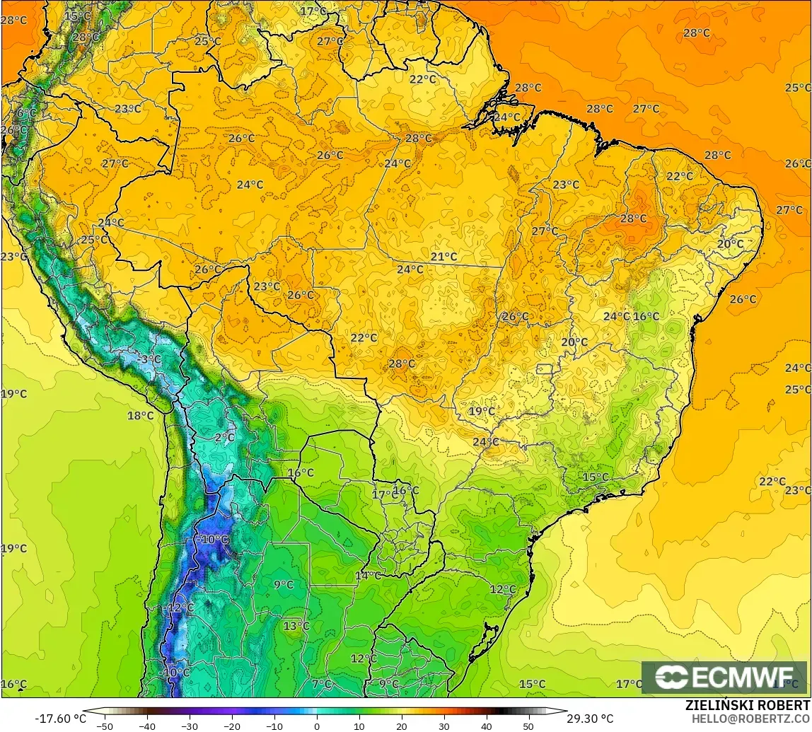 ECMWF IFS 0.25° modelo - Brasil, Temperatura a 2 m