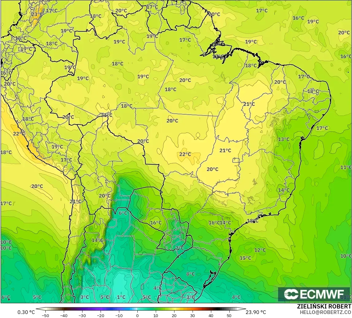 ECMWF IFS 0.25° modelo - Brasil, Temperatura a 850 hPa