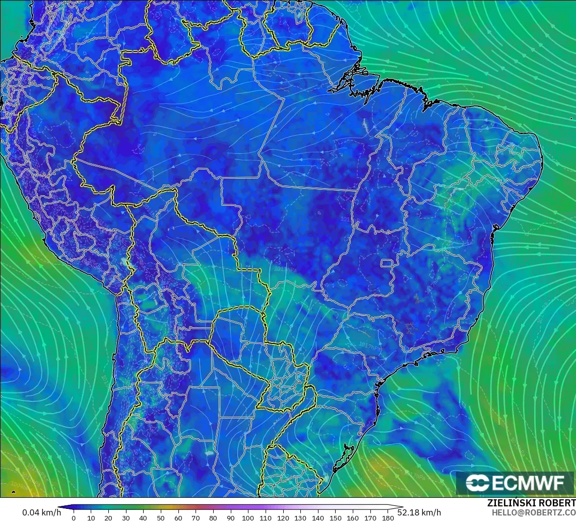 ECMWF IFS 0.25° modelo - Brasil, Viento a 10 m
