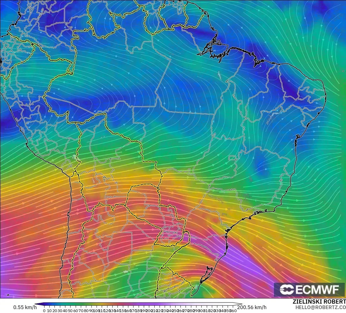 ECMWF IFS 0.25° modelo - Brasil, Viento a 300 hPa (corriente en chorro)