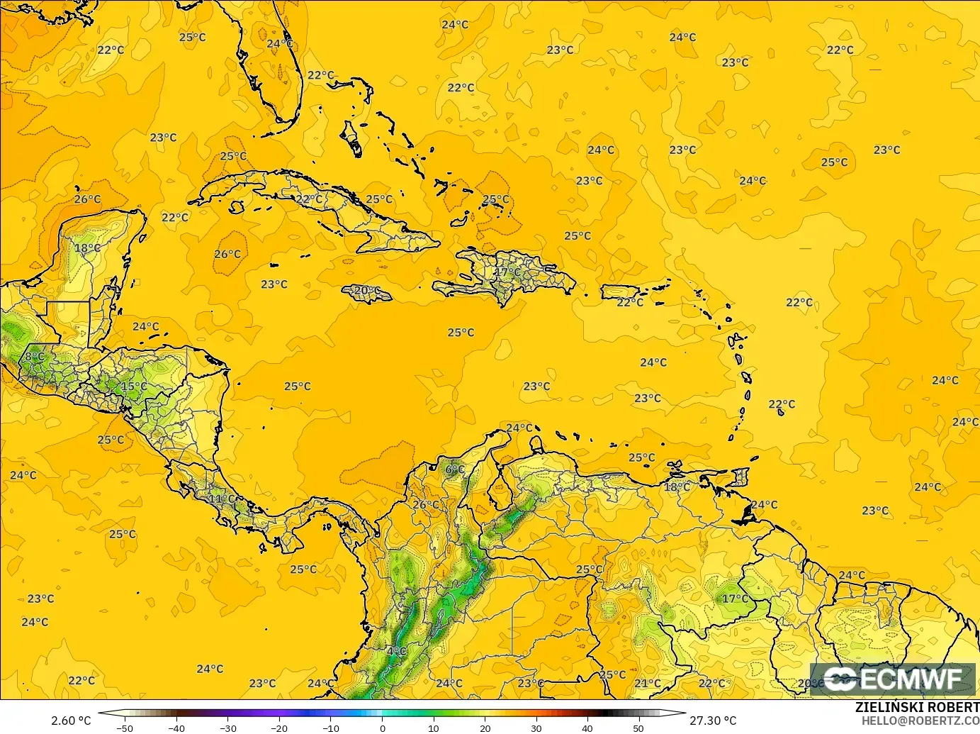 ECMWF IFS 0.25° modelo - Caribe, Punto de rocío a 2 m