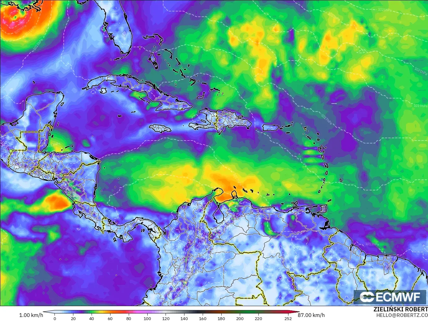 ECMWF IFS 0.25° modelo - Caribe, Ráfagas de Viento Máximas