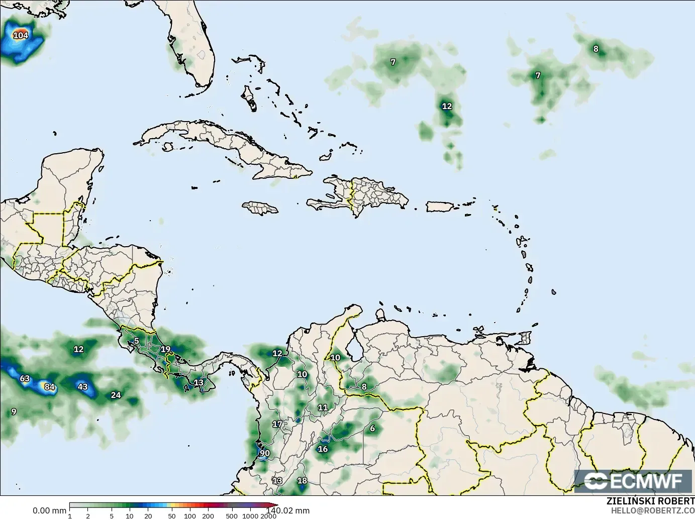 ECMWF IFS 0.25° modelo - Caribe, Acumulación de precipitación