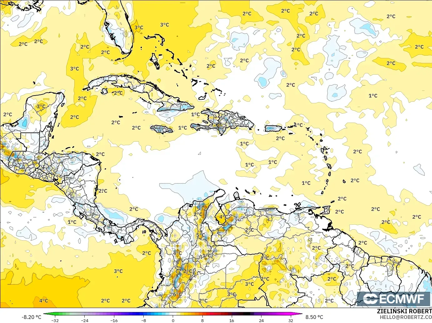 ECMWF IFS 0.25° modelo - Caribe, Anomalía de temperatura a 2 m
