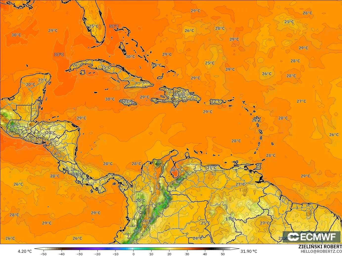ECMWF IFS 0.25° modelo - Caribe, Temperatura a 2 m