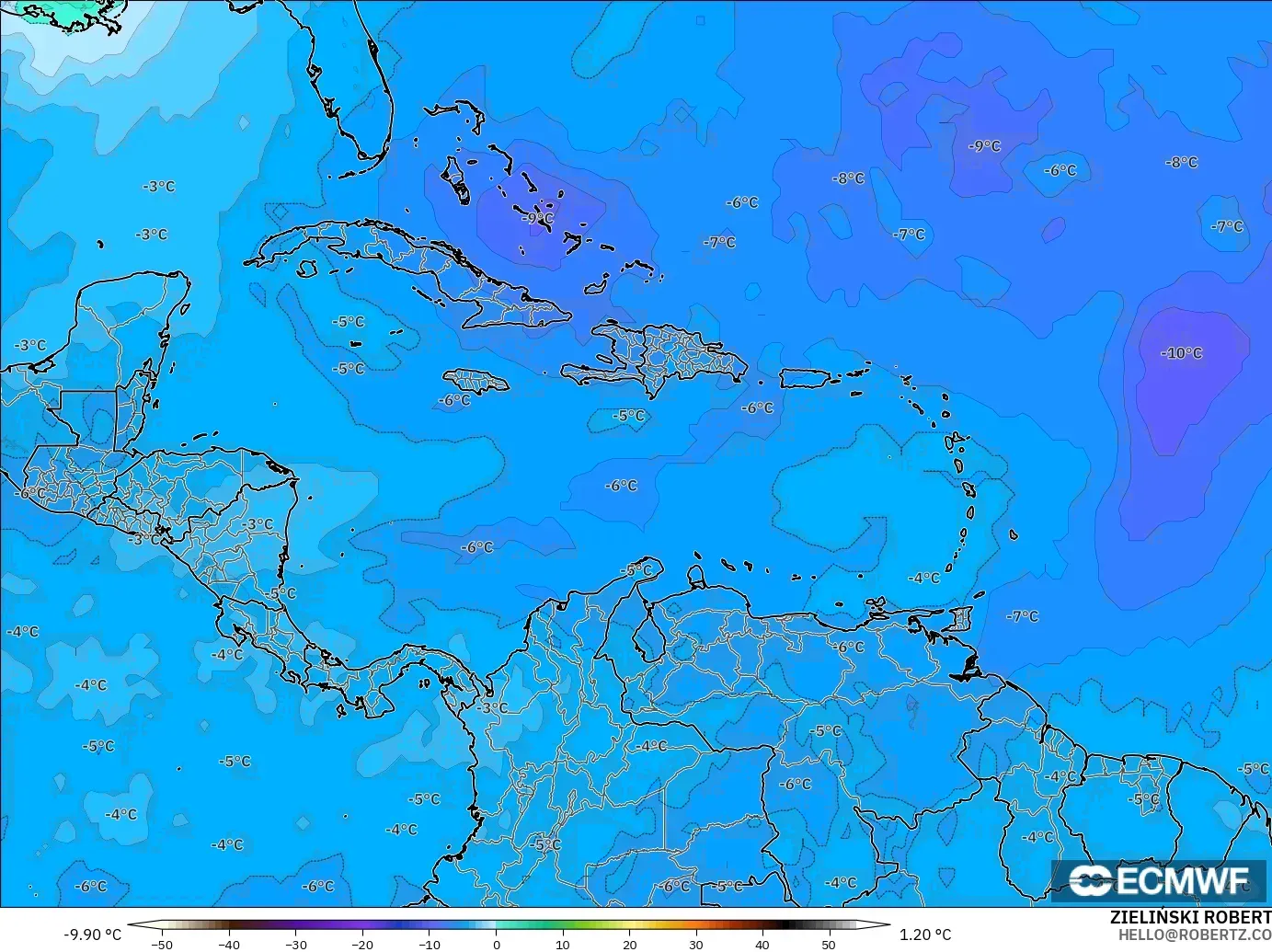 ECMWF IFS 0.25° modelo - Caribe, Temperatura a 500 hPa