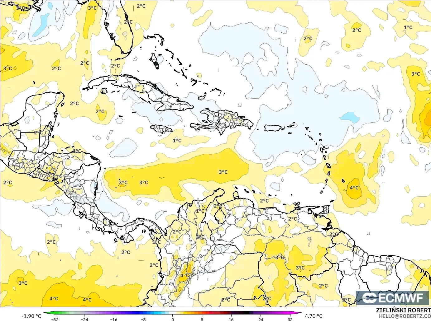 ECMWF IFS 0.25° modelo - Caribe, Anomalía de temperatura a 850 hPa