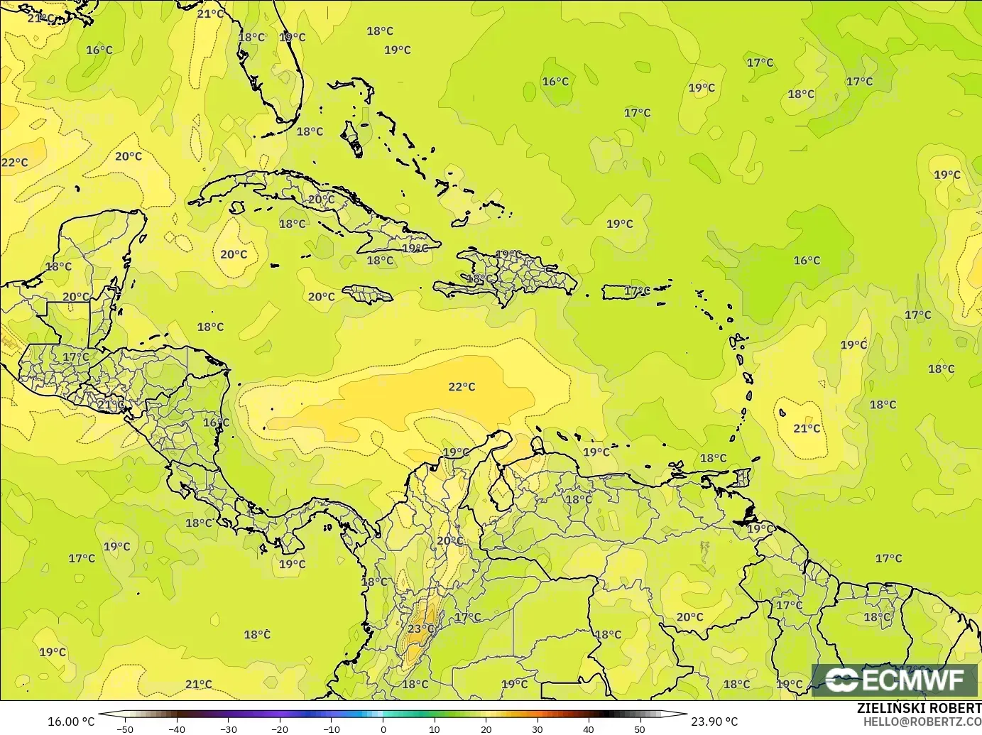 ECMWF IFS 0.25° modelo - Caribe, Temperatura a 850 hPa