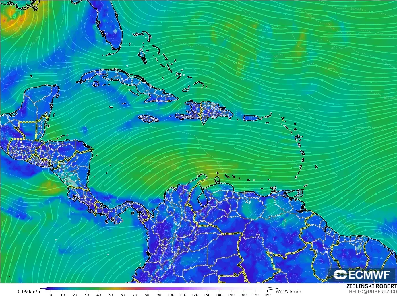 ECMWF IFS 0.25° modelo - Caribe, Viento a 10 m