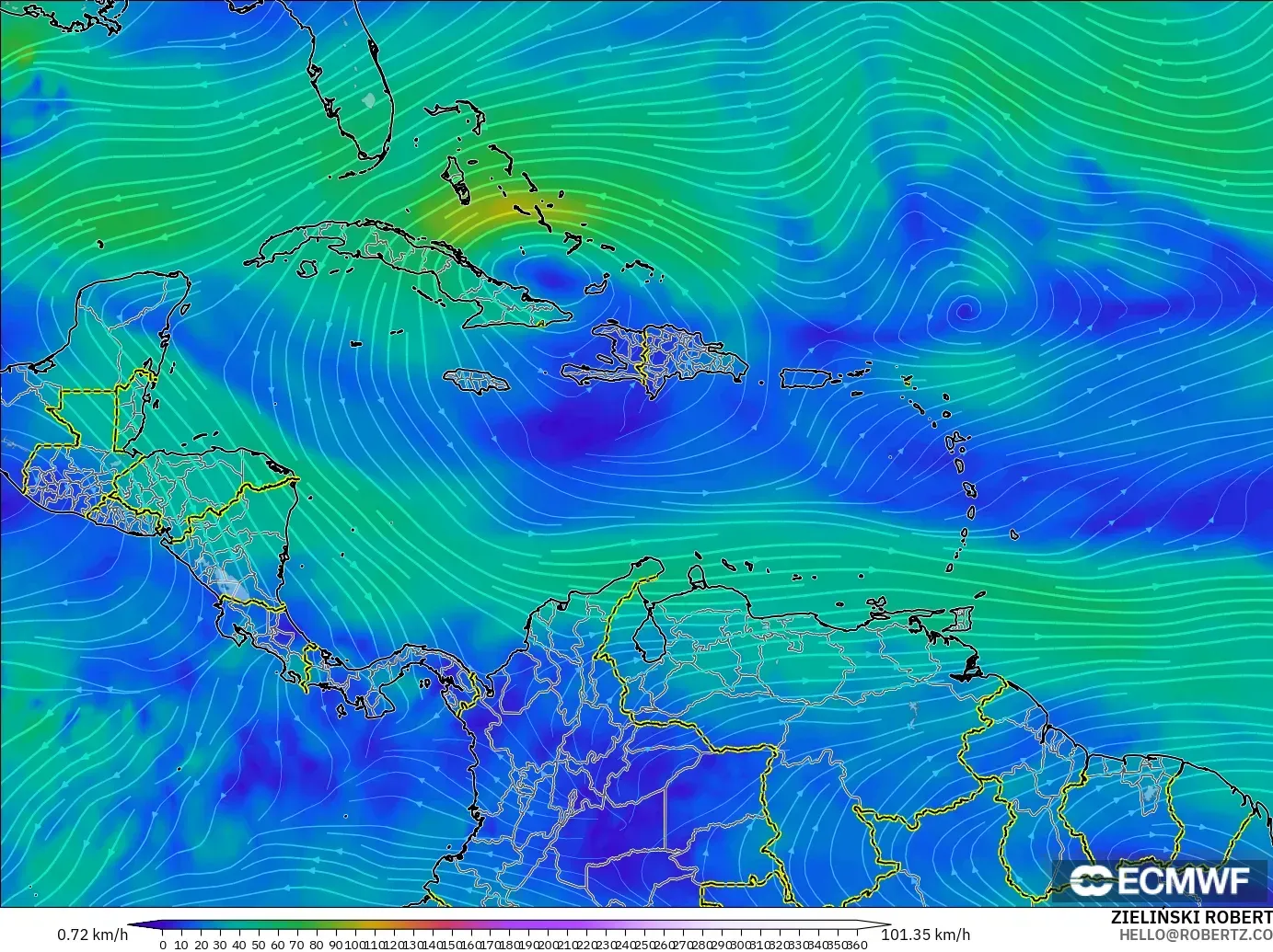 ECMWF IFS 0.25° modelo - Caribe, Viento a 300 hPa (corriente en chorro)