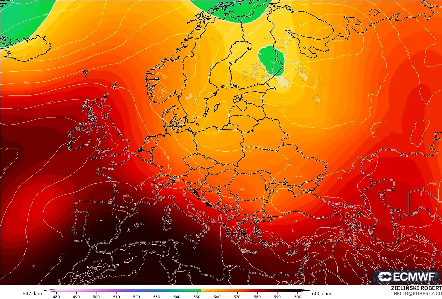 ECMWF IFS 0.25° modelo - Europa, Altura geopotencial a 500 hPa