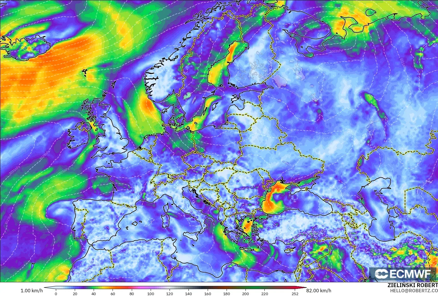 ECMWF IFS 0.25° modelo - Europa, Ráfagas de viento