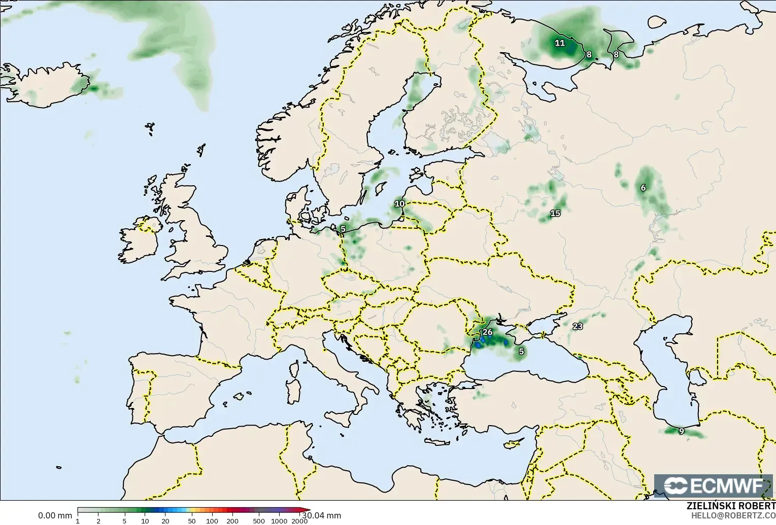 ECMWF IFS 0.25° modelo - Europa, Acumulación de precipitación