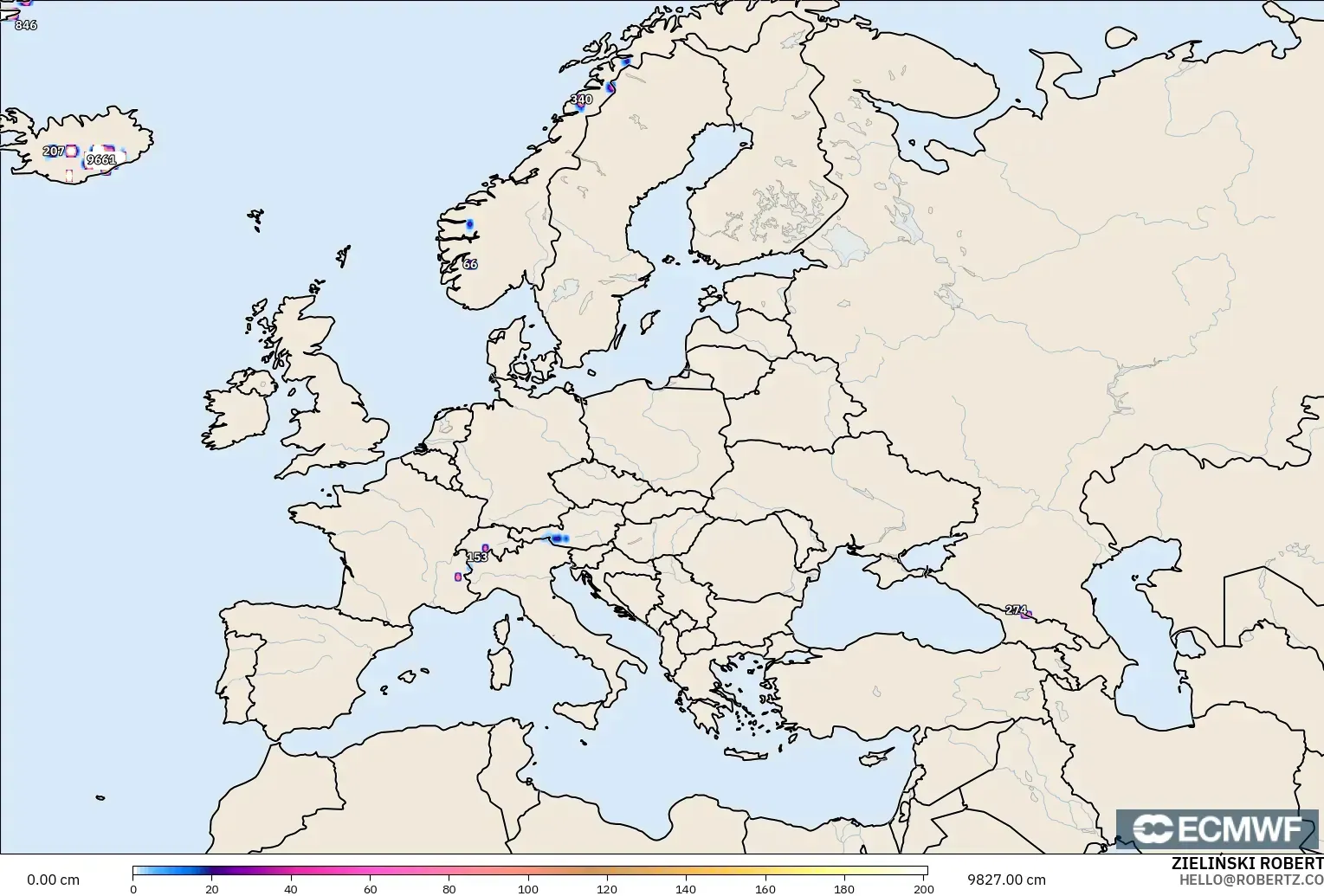ECMWF IFS 0.25° modelo - Europa, Profundidad de nieve