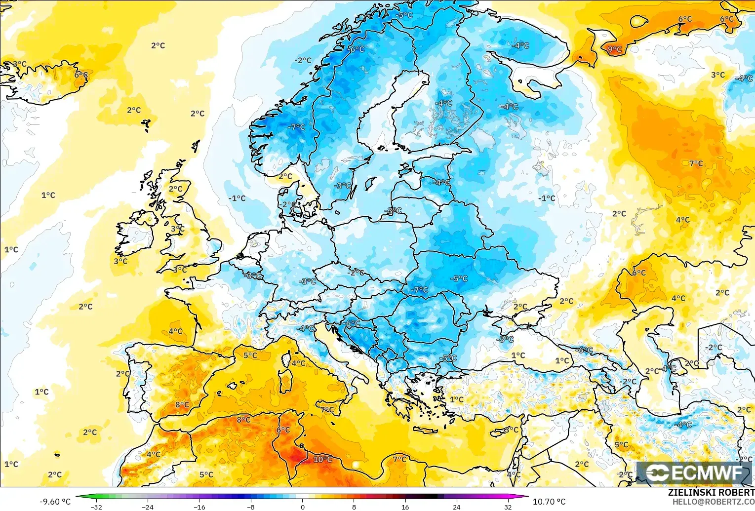 ECMWF IFS 0.25° modelo - Europa, Anomalía de temperatura a 2 m