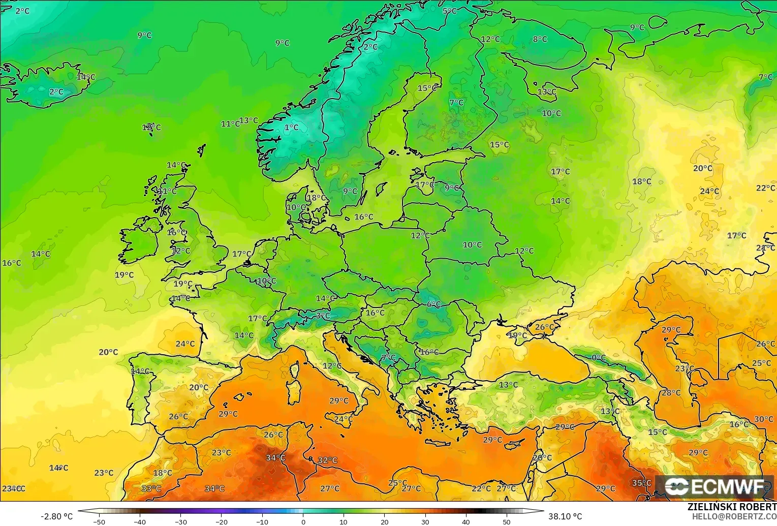 ECMWF IFS 0.25° modelo - Europa, Temperatura a 2 m