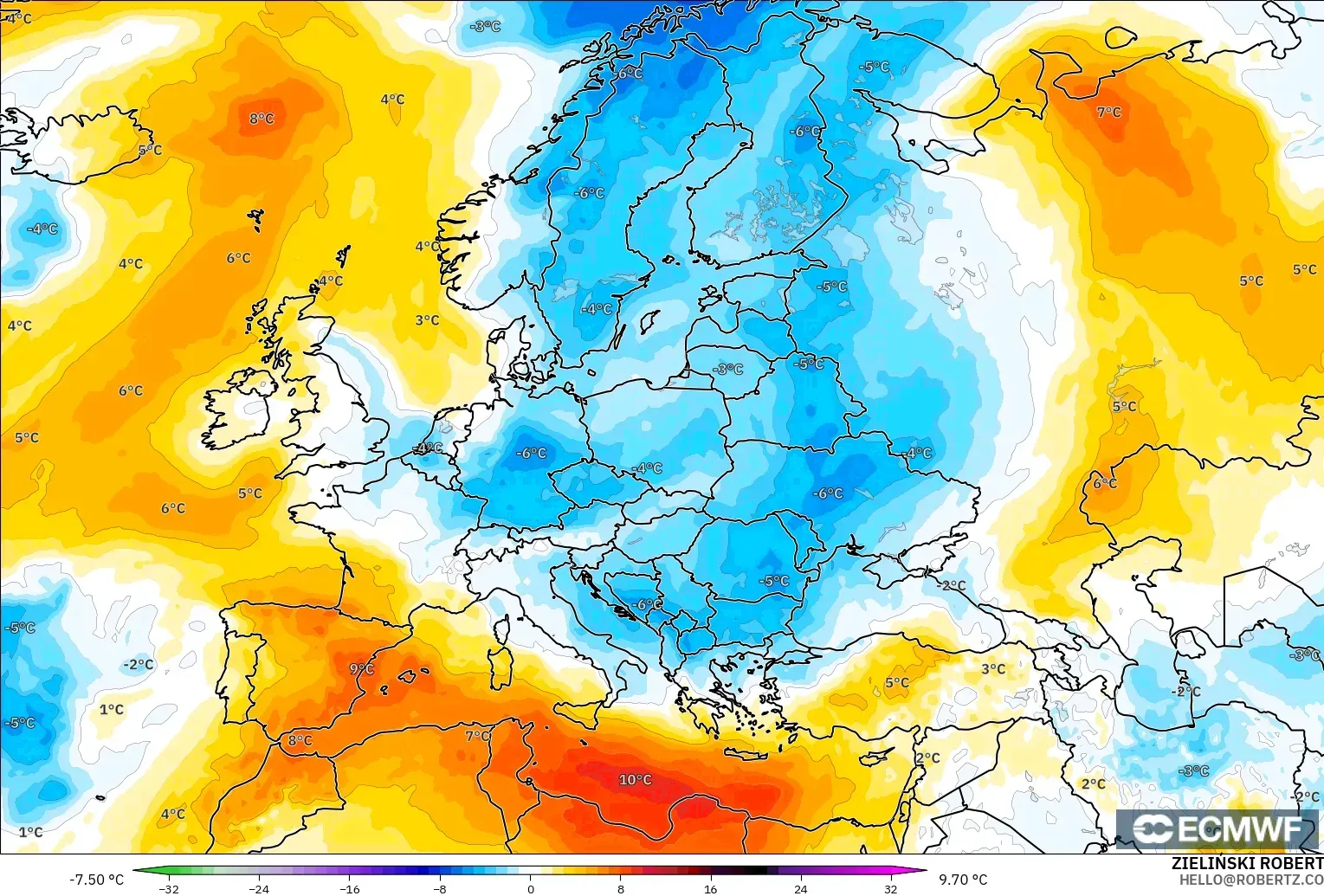 ECMWF IFS 0.25° modelo - Europa, Anomalía de temperatura a 850 hPa