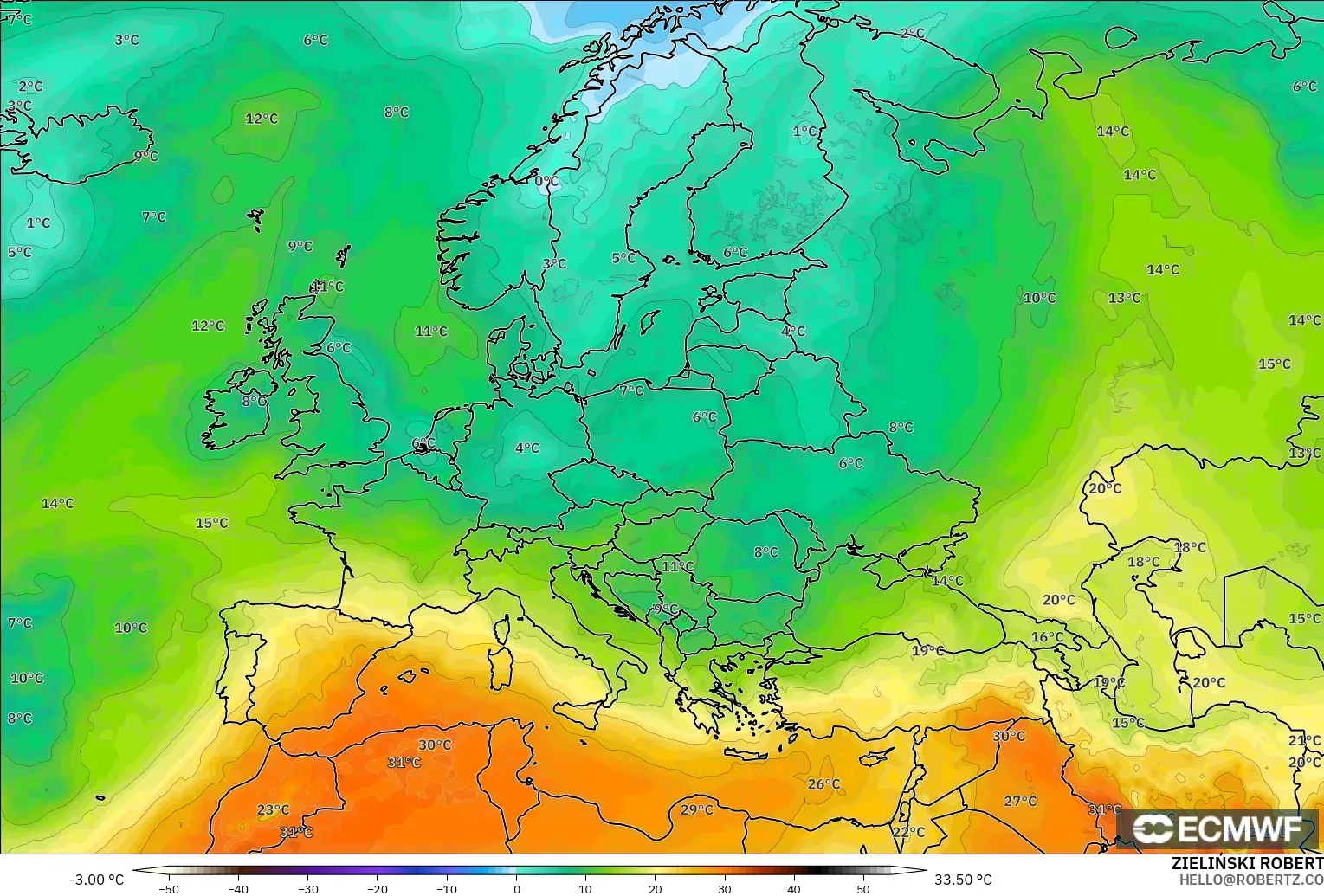 ECMWF IFS 0.25° modelo - Europa, Temperatura a 850 hPa
