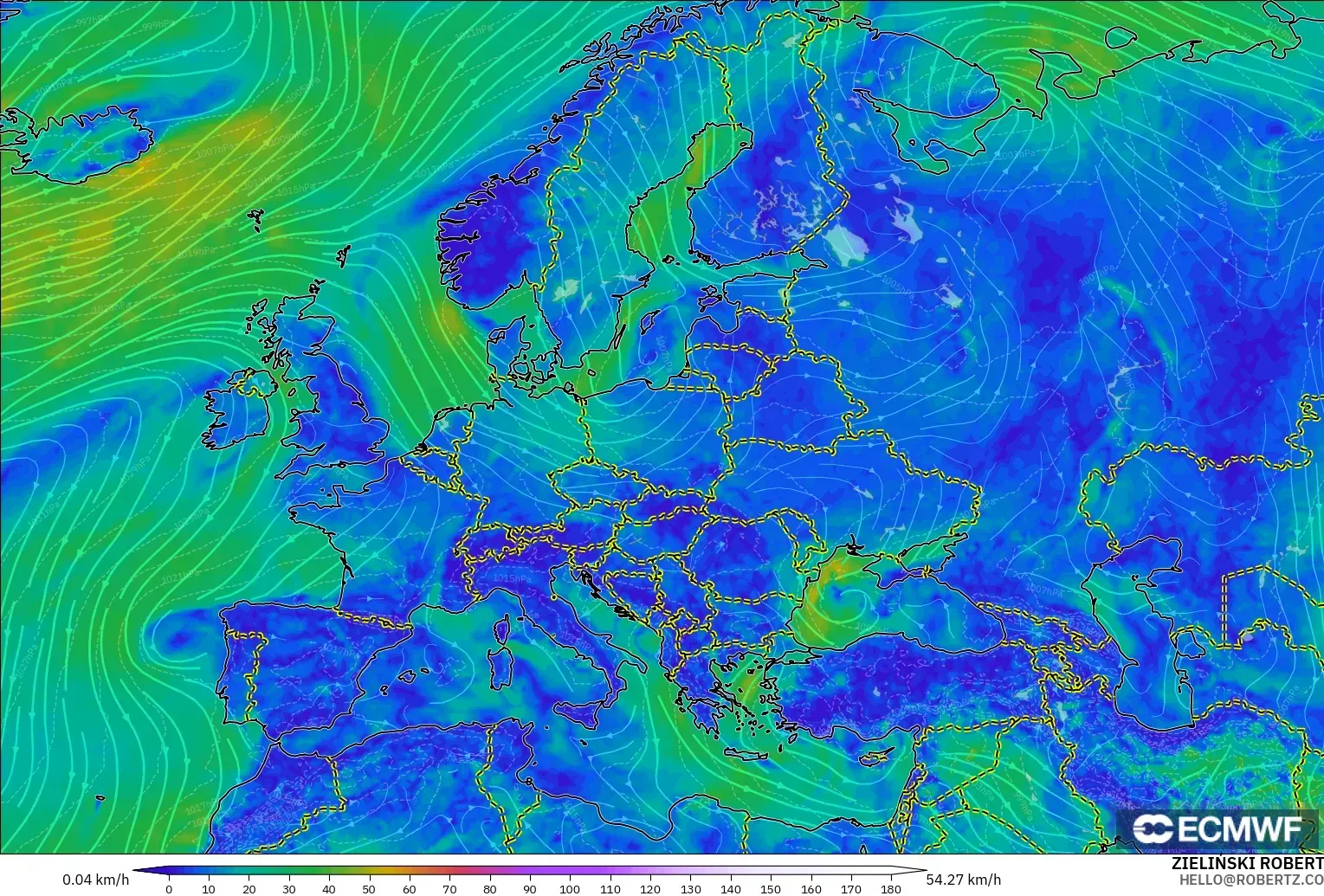 ECMWF IFS 0.25° modelo - Europa, Viento a 10 m