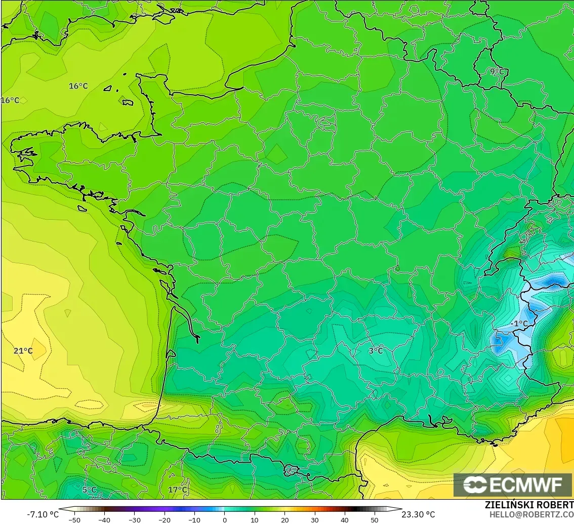ECMWF IFS 0.25° modelo - Francia, Punto de rocío a 2 m