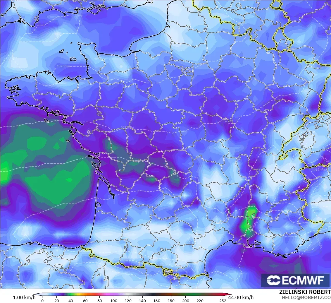 ECMWF IFS 0.25° modelo - Francia, Ráfagas de Viento Máximas