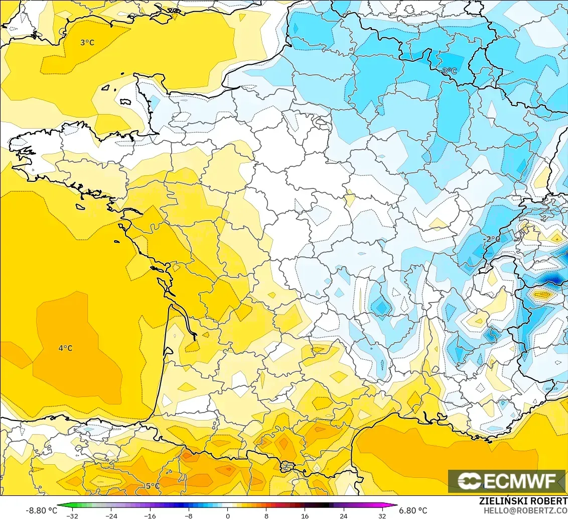 ECMWF IFS 0.25° modelo - Francia, Anomalía de temperatura a 2 m