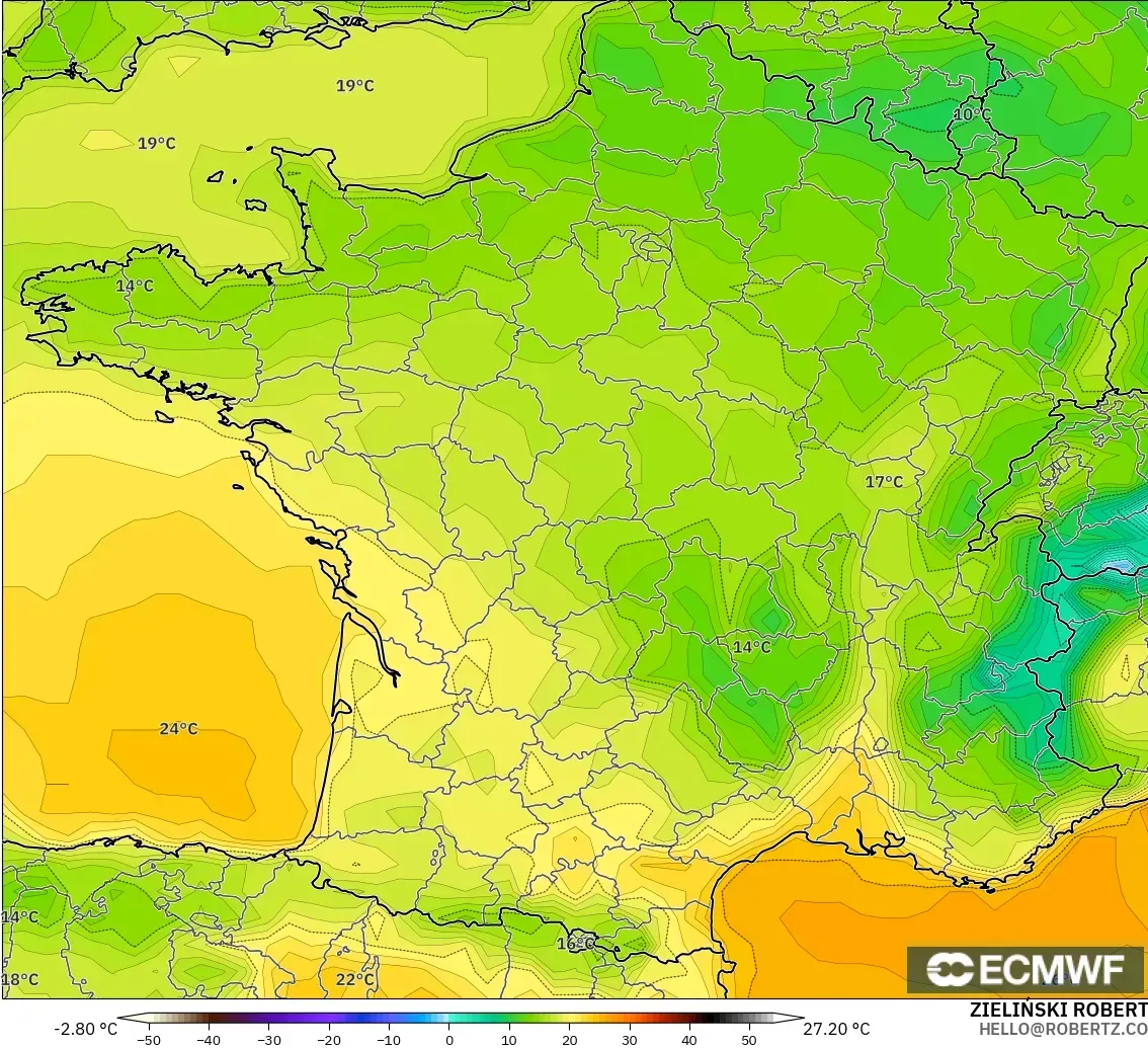 ECMWF IFS 0.25° modelo - Francia, Temperatura a 2 m